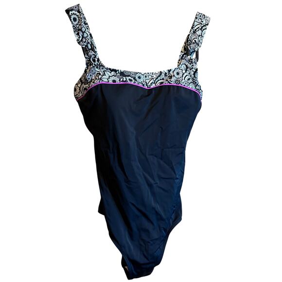Fit 4 U One Piece Swimsuit Black Pink Navy Floral Size 14 - Picture 1 of 6